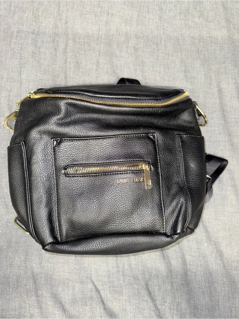 Fawn Design Black Pebbled Leather Backpack with Gold Hardware